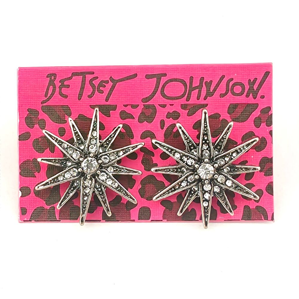 NWT Betsey Johnson White Crystal Sunburst Star Earrings 7/8" Gunmetal